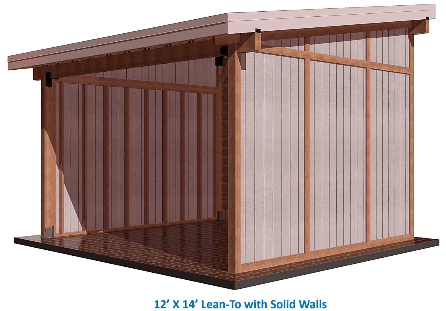 3D rendering of a DIY 4x4 Lean To kit featuring solid walls, wood framing, slanted roof, and open front, shown on a tiled floor. Text below reads, “DIY 4x4 Lean To kit.”.