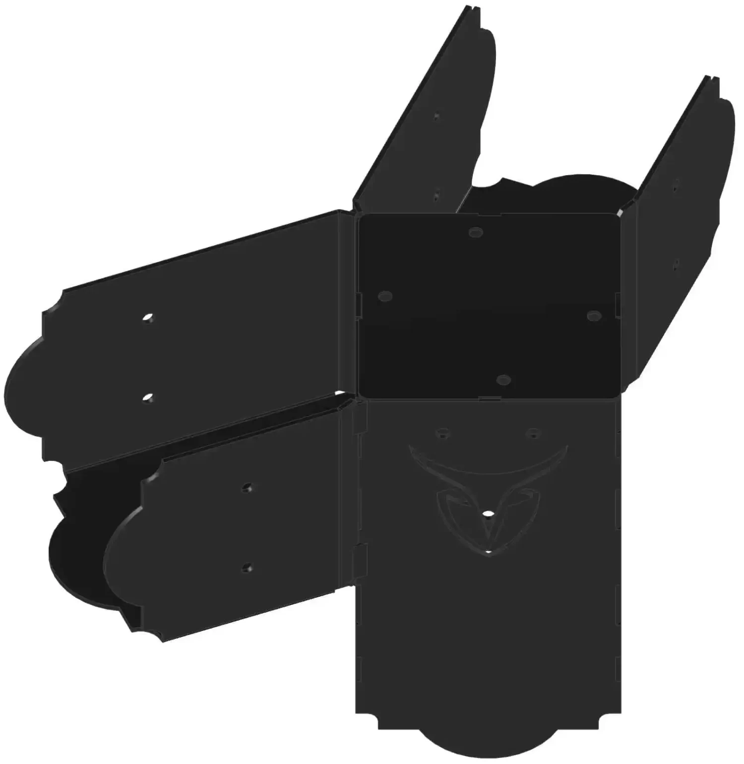 A black, rectangular metal Heavy Duty 6x6 45-Degree Octagon Elbow Bracket with decorative cutouts and an engraved design is partially open and shown from an angled, top-down view, highlighting its intricate craftsmanship.