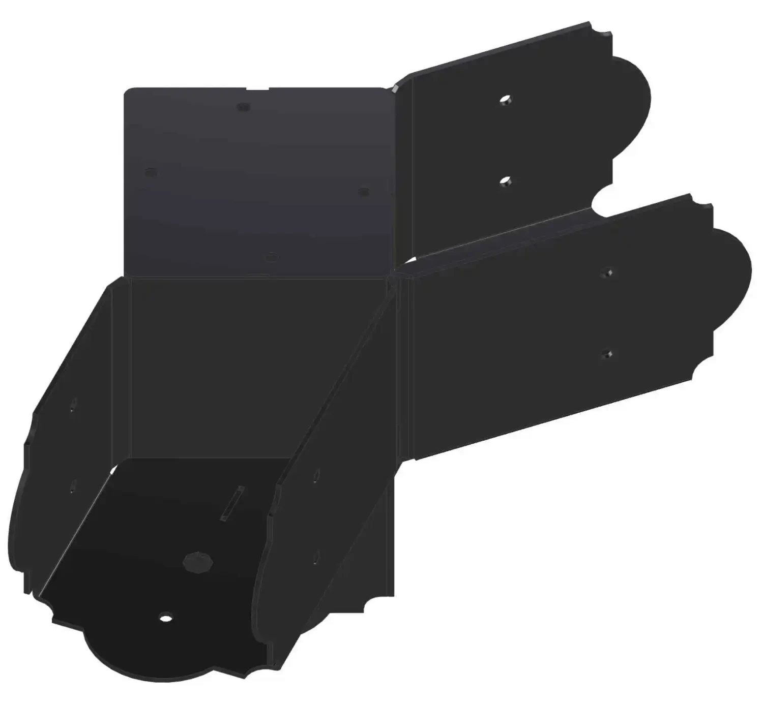 A 3D rendering of a Heavy Duty 6x6 45-Degree Octagon Elbow Bracket, black and partially assembled with four sides, a flat base, and each side featuring rounded notched edges and screw holes for easy attachment.