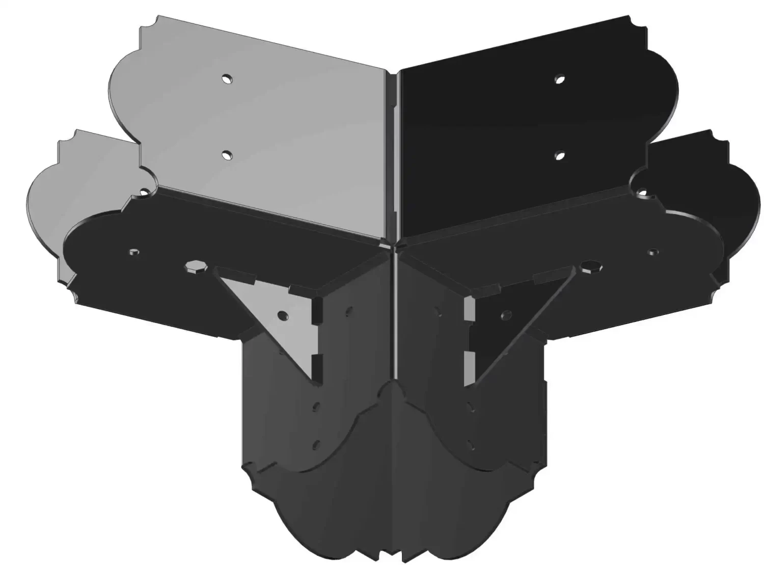 3D rendering of the Heavy Duty 6x6 45-Degree Octagon Elbow Bracket, featuring ornate edges—perfect for joining three boards at a right angle and reinforcing corners in woodworking or architectural projects.