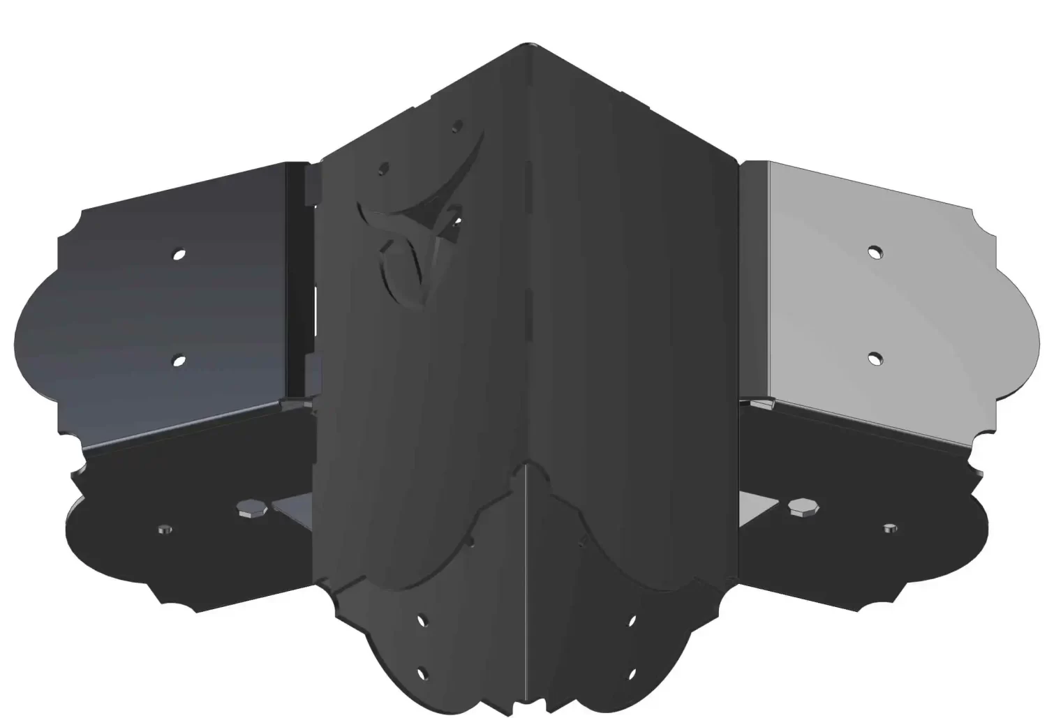 The Heavy Duty 6x6 45-Degree Octagon Elbow Bracket features a symmetrical black and silver design with curved decorative edges and multiple screw holes, ideal for joining three panels or surfaces at right angles.