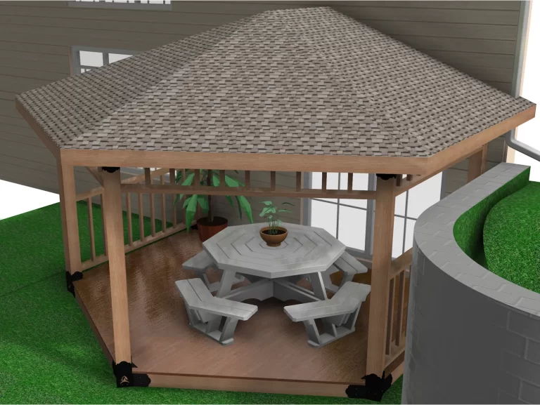 The wooden gazebo features a picnic table and a potted plant, creating a cozy outdoor dining area in a neatly maintained backyard.