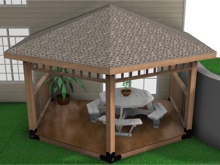 The wooden gazebo features a picnic table and a potted plant, creating a cozy outdoor dining area in a neatly maintained backyard.