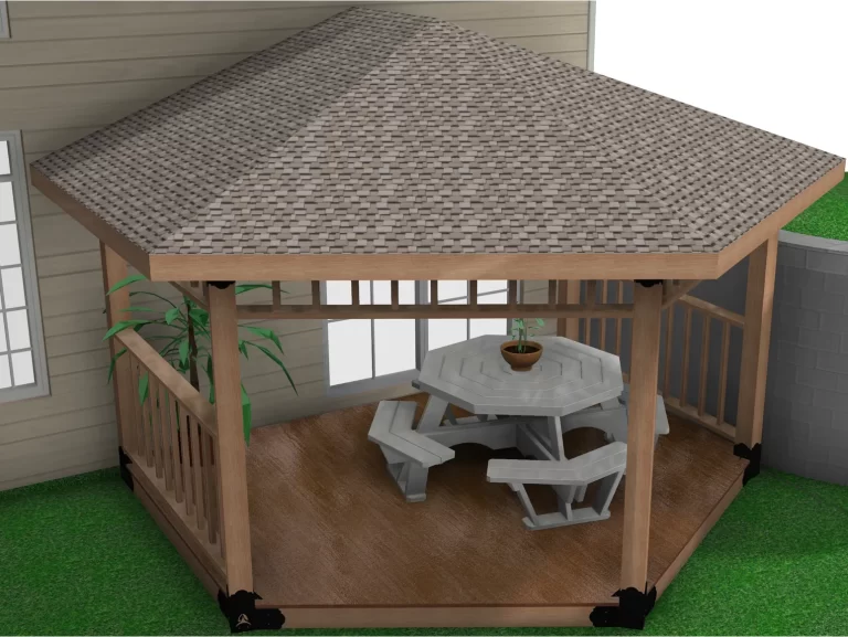 The wooden gazebo features a picnic table and a potted plant, creating a cozy outdoor dining area in a neatly maintained backyard.