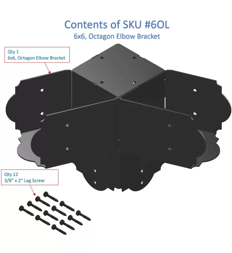 Illustration of a Heavy Duty 6x6 45-Degree Octagon Elbow Bracket for a Floating Deck 6x6 Octagon Gazebo, with labeled parts—one bracket in the center and twelve 3/8 x 2 lag screws below, under Contents of SKU #6OL.