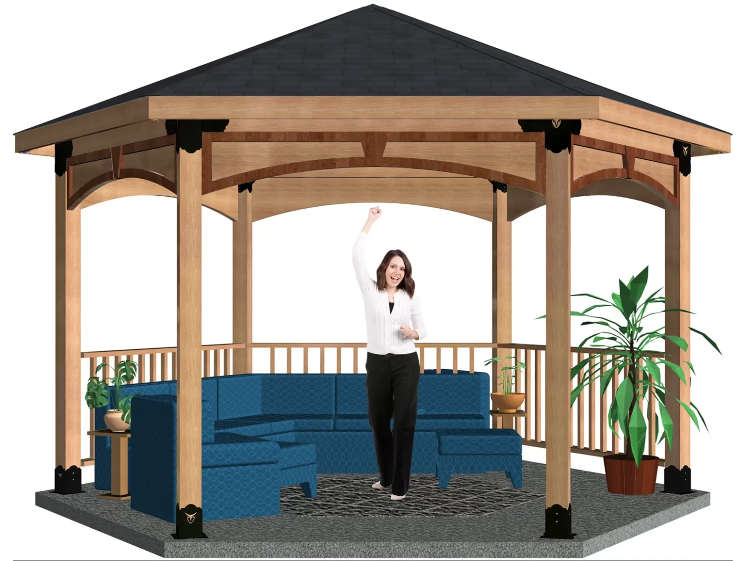 6S-HR-100-73 A woman stands smiling with one arm raised inside a Surface Mounted, DIY 6x6 Hexagon Gazebo featuring a dark roof, blue seating, a small table, potted plants, and a patterned rug on the floor.