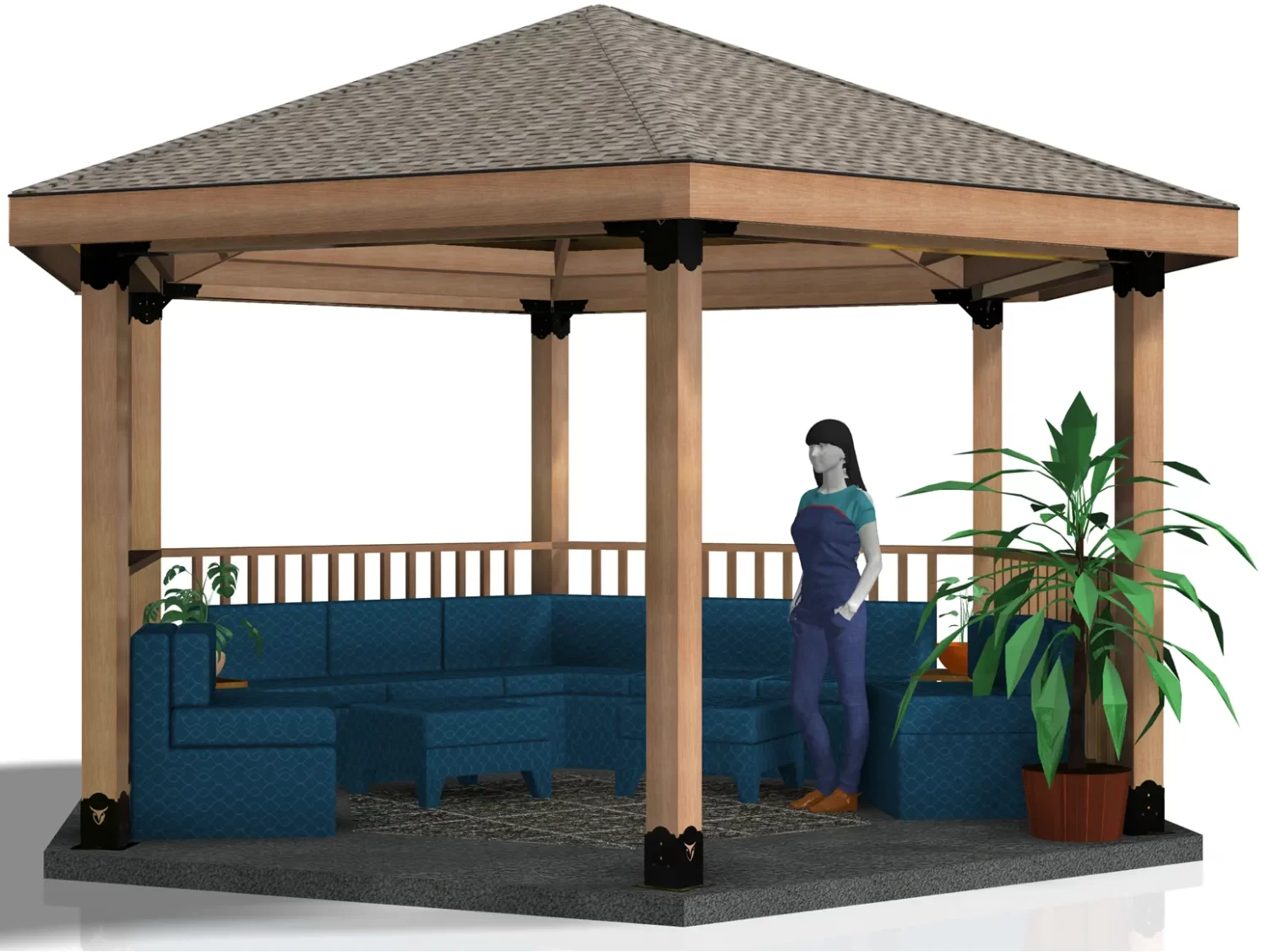 The Surface Mounted, DIY 6x6 Hexagon Gazebo features a gray shingled roof, blue sectional sofas, potted plants, and a tiled floor—perfect inspiration for your next outdoor project.