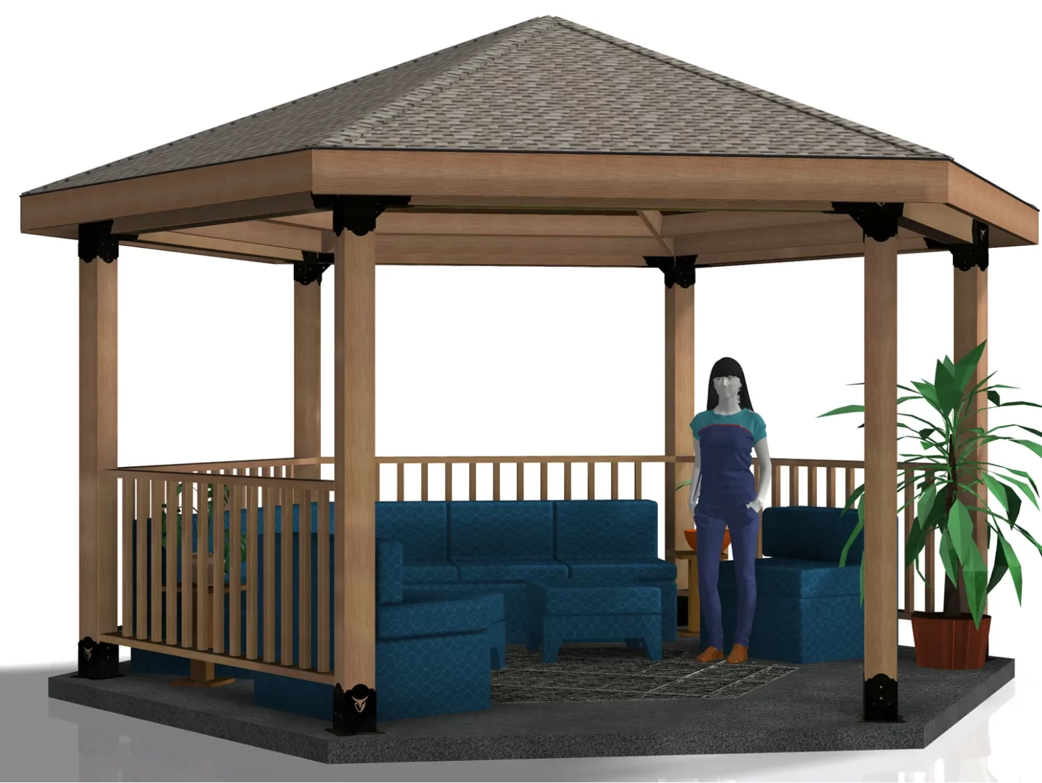 A Surface Mounted, DIY 6x6 Hexagon Gazebo with a wooden frame, shingled roof, blue outdoor furniture, rug, and a large potted plant. A person stands near the seating area inside this stylish gazebo.