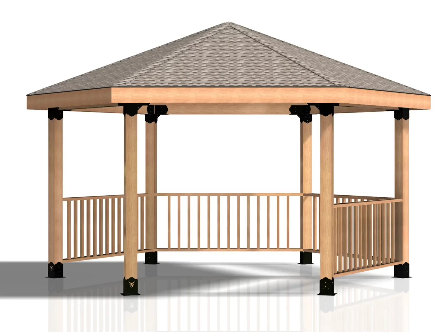 The Surface Mounted, DIY 6x6 Hexagon Gazebo features a shingled roof, six posts, partial side railing, and is ideal for gazebo enthusiasts. The structure stands on a reflective white surface.
