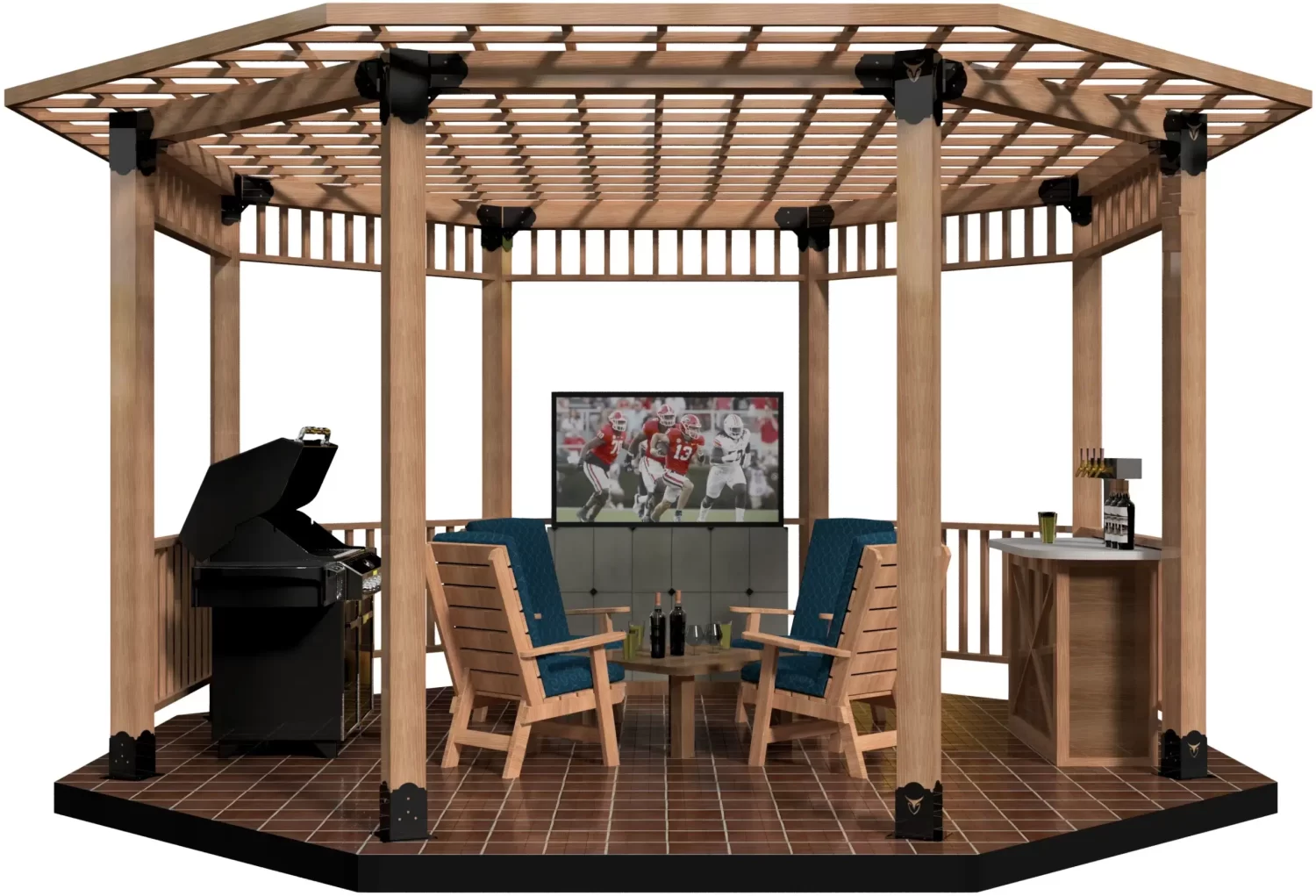 A DIY Octagon Gazebo Kit - 6x6 Surface Mounted with a tiled floor, two chairs around a small table, a large TV showing football, a grill on one side, and a bar counter with drinks on the other.