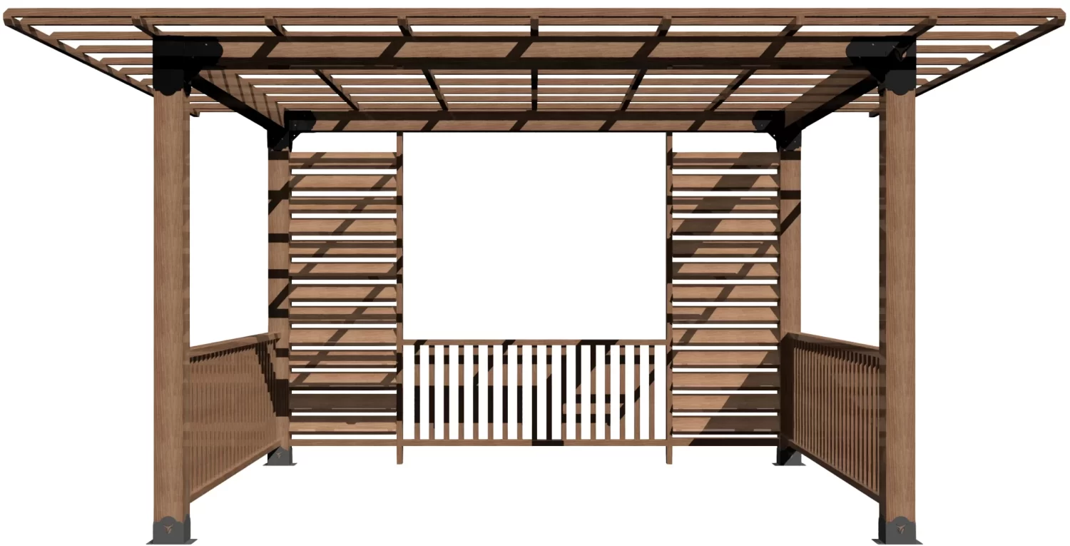 A stylish pergola featuring vertical slats and a wooden floor, creating a shaded area ideal for relaxation in a bright outdoor garden.