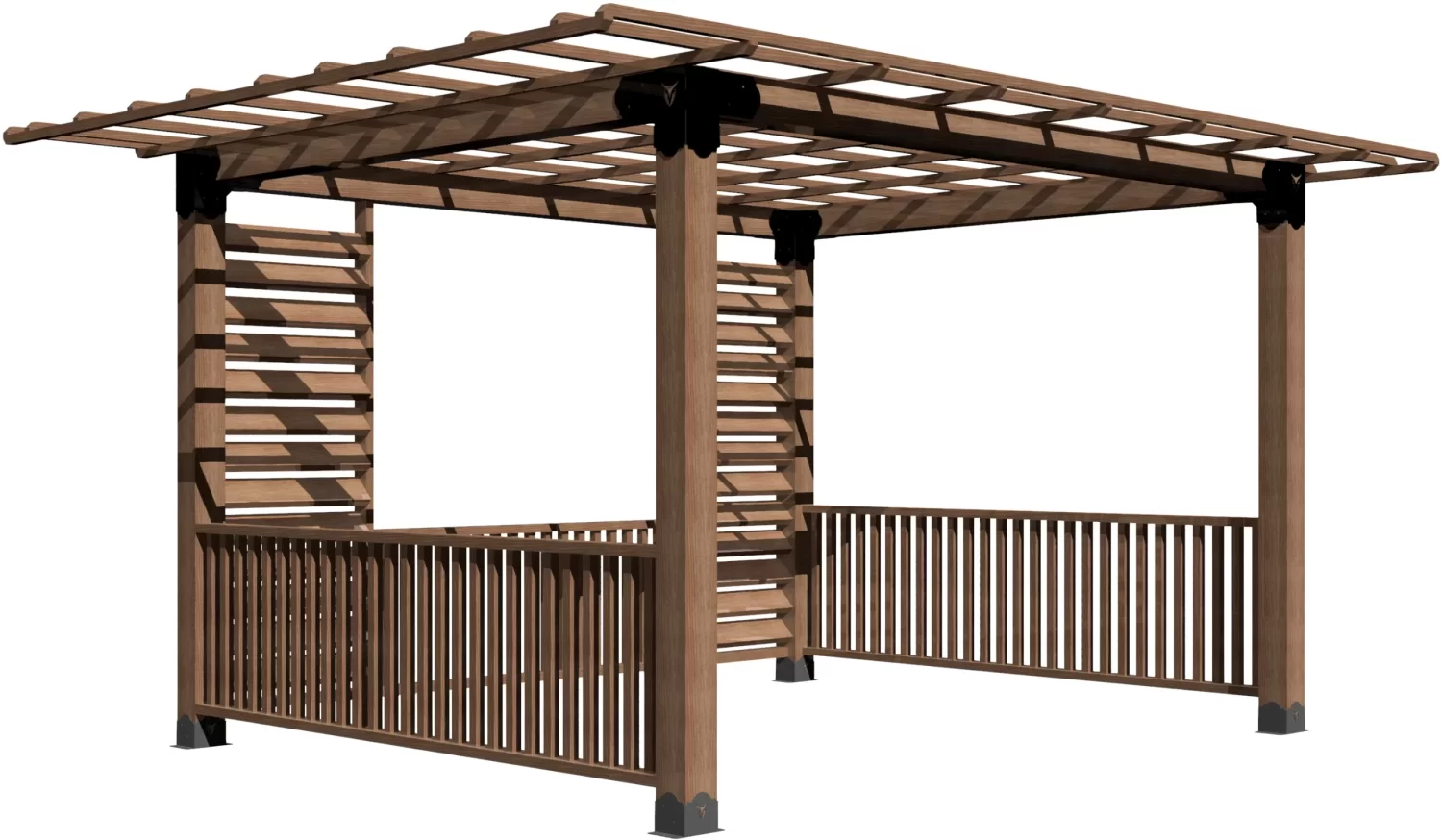 A stylish pergola featuring vertical slats and a wooden floor, creating a shaded area ideal for relaxation in a bright outdoor garden.