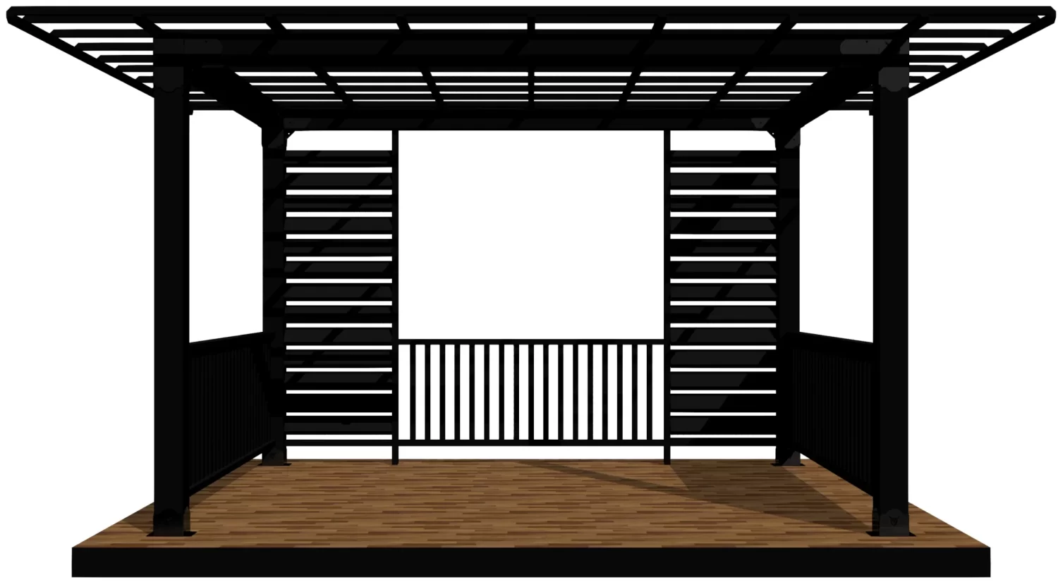 A stylish pergola featuring vertical slats and a wooden floor, creating a shaded area ideal for relaxation in a bright outdoor garden.