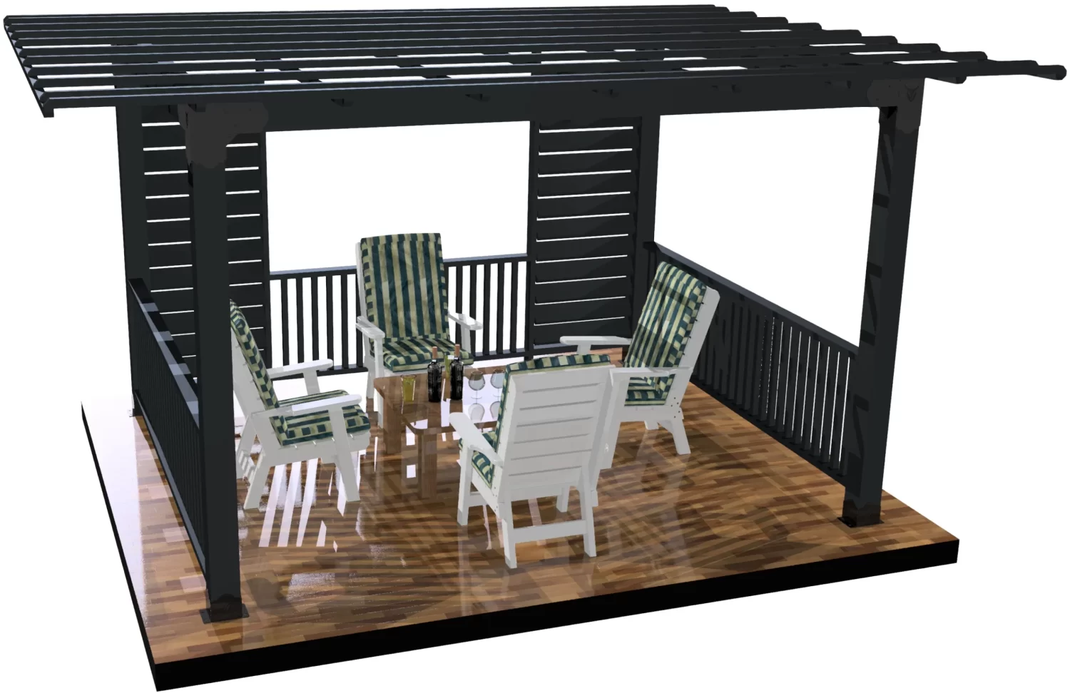 A backyard gazebo features a spacious seating area with two chairs and a table, designed for outdoor relaxation and social gatherings under a stylish overhead structure.