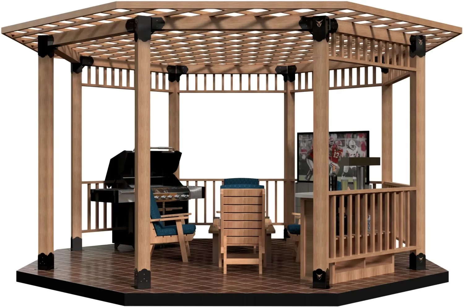 A DIY Octagon Gazebo Kit - 6x6 Surface Mounted with an open lattice roof, patio furniture, a grill, and a TV displaying a football game, all arranged on a tiled floor.