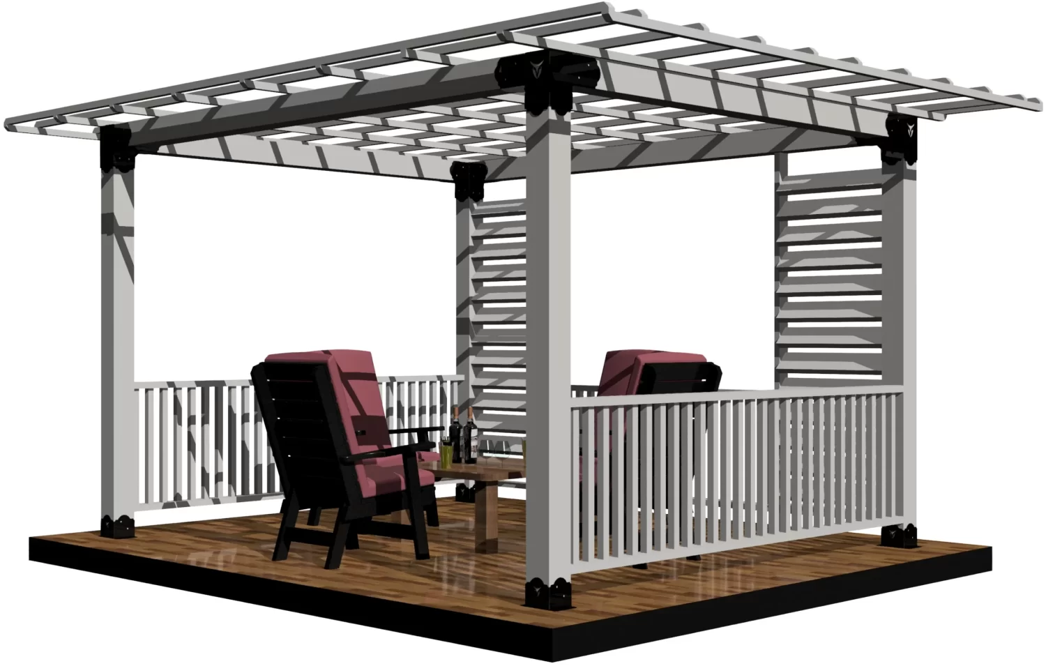 A backyard gazebo features a spacious seating area with two chairs and a table, designed for outdoor relaxation and social gatherings under a stylish overhead structure.
