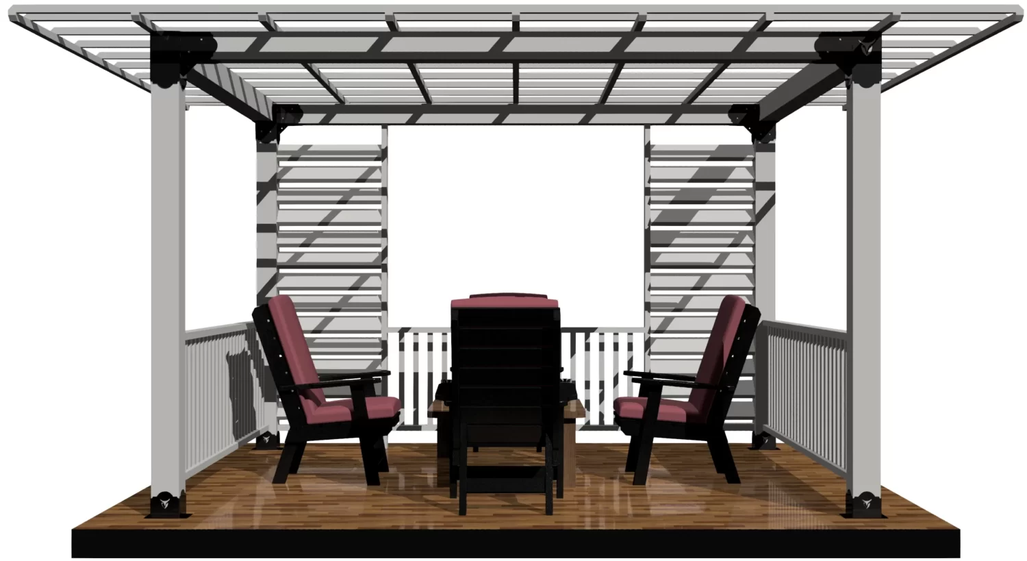 A backyard gazebo features a spacious seating area with two chairs and a table, designed for outdoor relaxation and social gatherings under a stylish overhead structure.