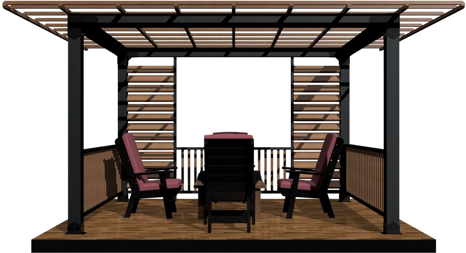 A backyard gazebo features a spacious seating area with two chairs and a table, designed for outdoor relaxation and social gatherings under a stylish overhead structure.