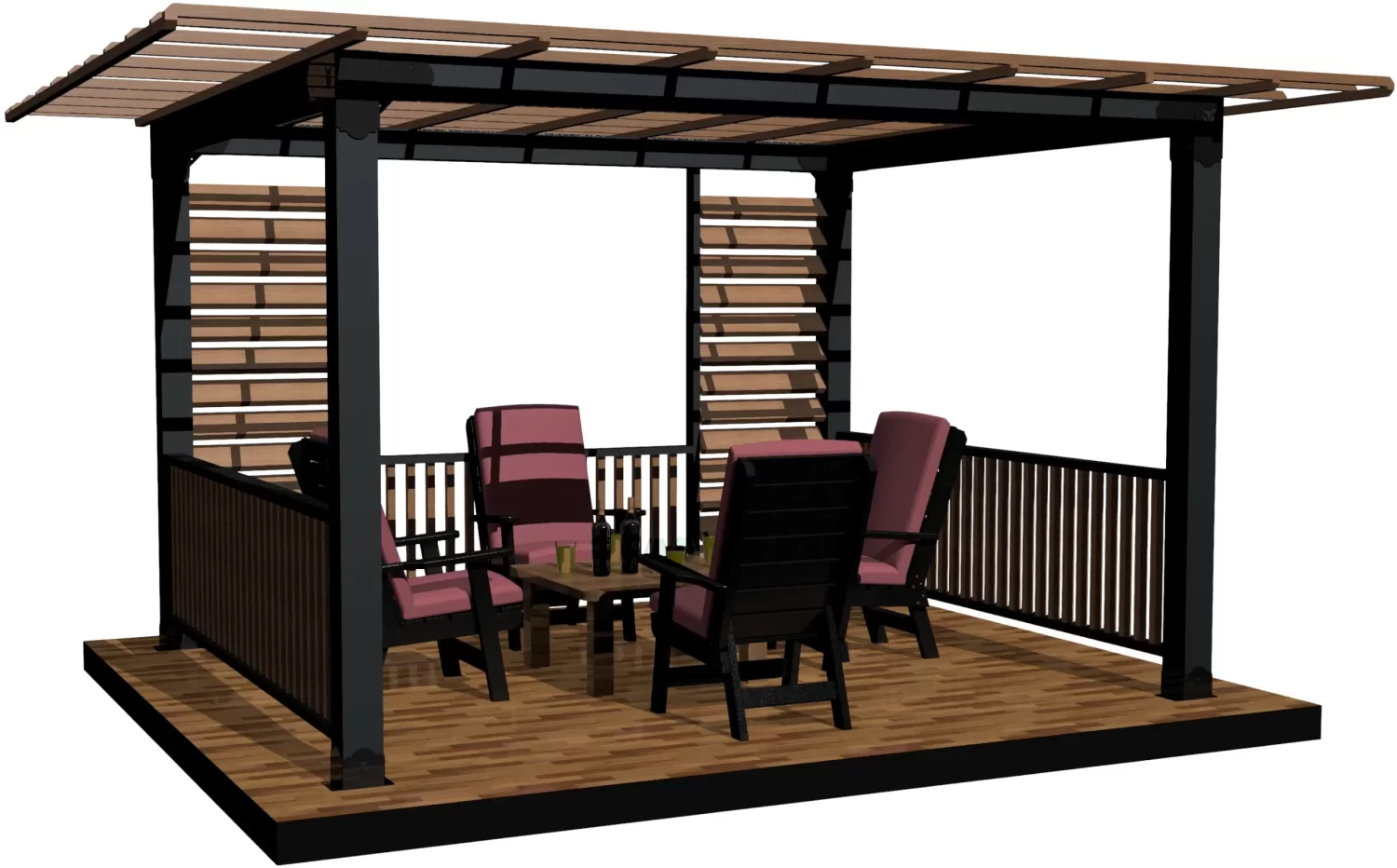 A backyard gazebo features a spacious seating area with two chairs and a table, designed for outdoor relaxation and social gatherings under a stylish overhead structure.