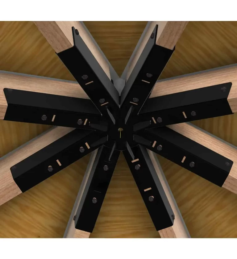 View from below of the 6x6 Octagon Gazebo, featuring wooden beams joined at the center with the DIY Heavy Duty Iron Octagon Spider Bracket, creating a striking radial, star-like pattern.