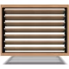 A close-up image of a louver kit with horizontal slats. The shutter is closed and casting a shadow on the wall below it. The shutter is made of a light wood with black metal accents.