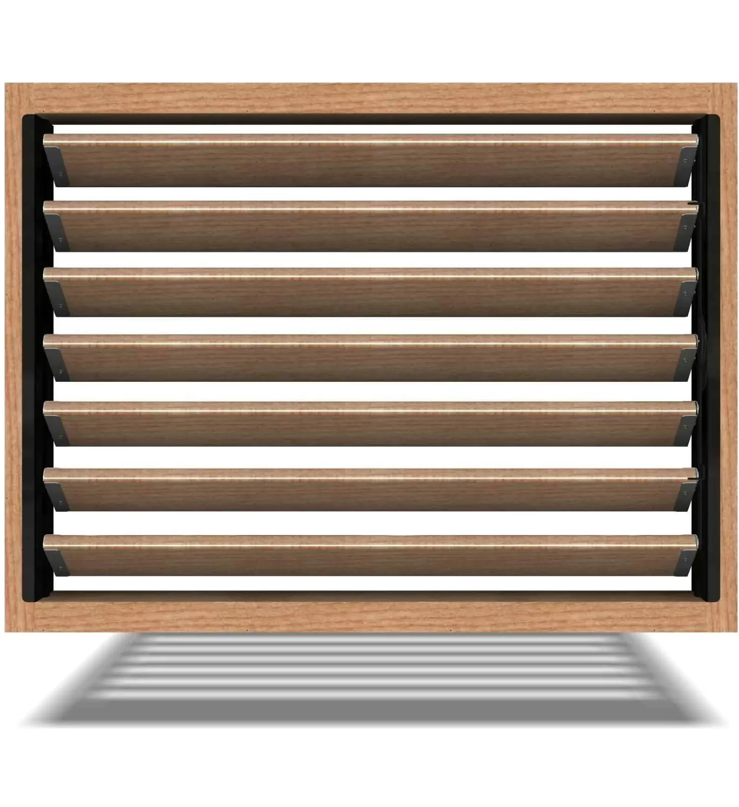 A close-up image of a louver kit with horizontal slats. The shutter is closed and casting a shadow on the wall below it. The shutter is made of a light wood with black metal accents.