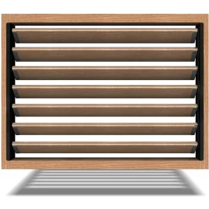 A close-up image of a louver kit with horizontal slats. The shutter is closed and casting a shadow on the wall below it. The shutter is made of a light wood with black metal accents.