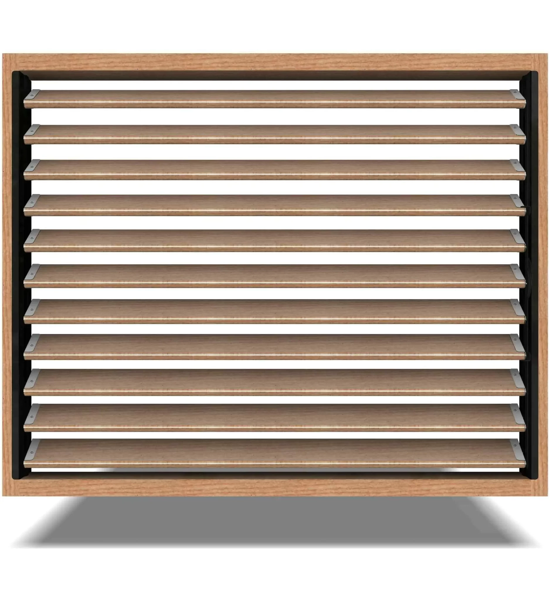 RL36 3FEATUREIMG The Decorative 36 DIY Louver Kit features a rectangular wooden frame with evenly spaced horizontal white slats, resembling a modern ventilation grill or window shutter, perfect for floating decks or octagon gazebos and casting a stylish shadow below.