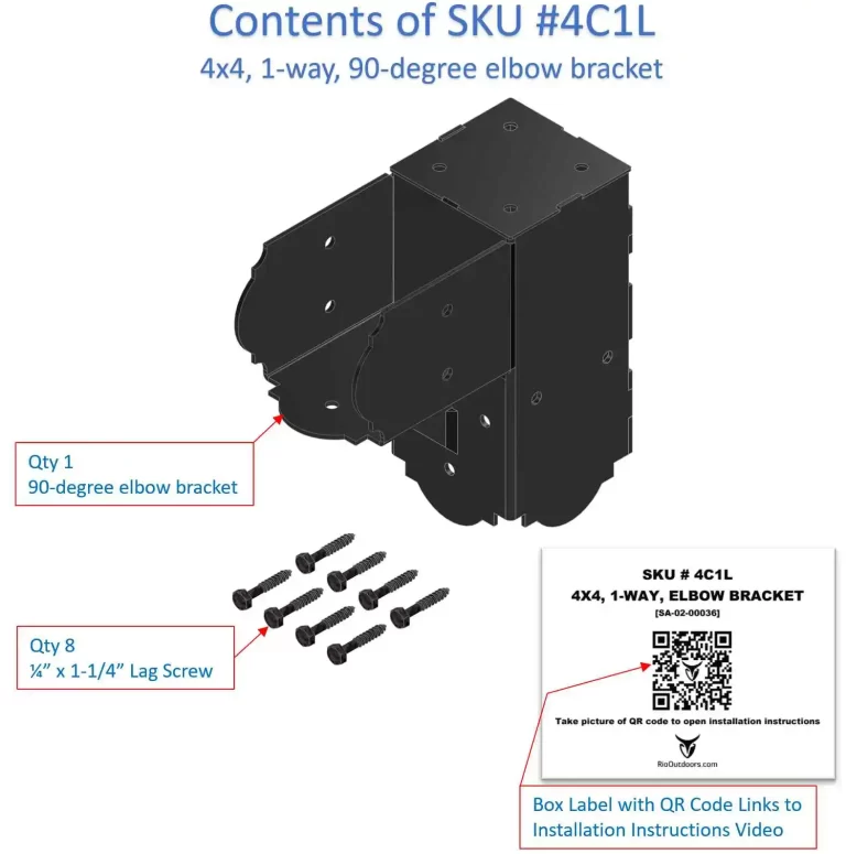 Contents of SKU #4C1L showing a 90 degree metal elbow bracket and lag screws