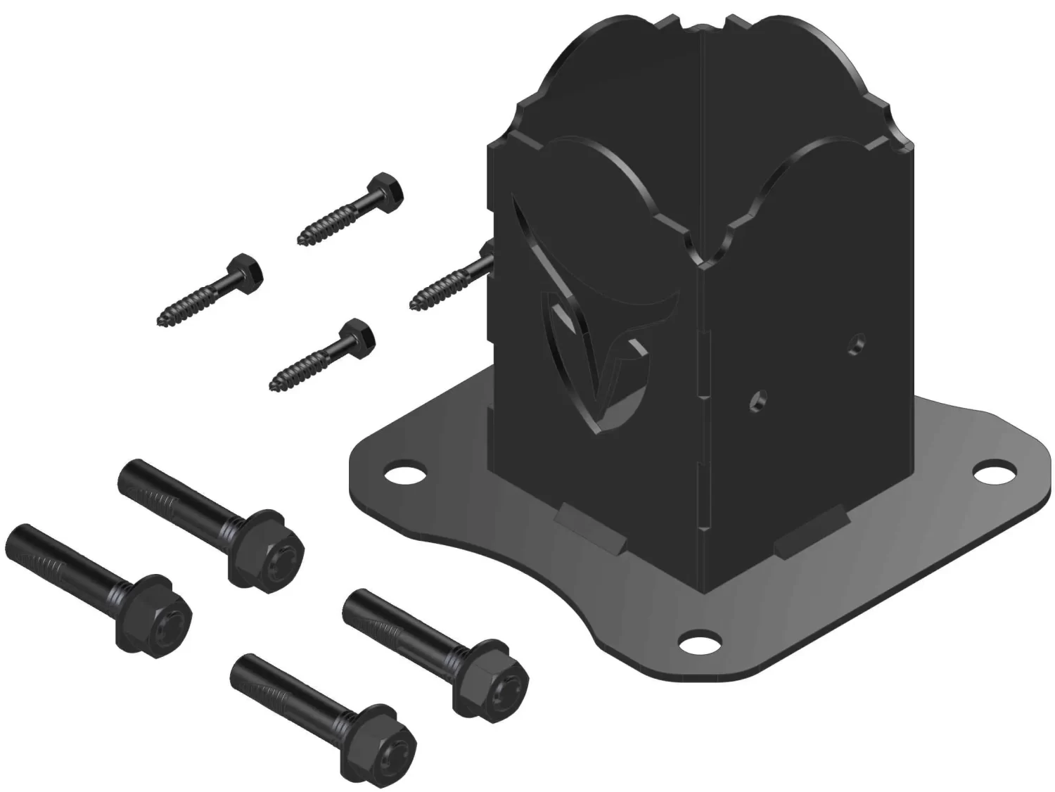 3D-rendered image of the Universal 4x4 Post Anchor Bracket in black metal with decorative cutouts, shown alongside four bolts with nuts and four screws, indicating included assembly components for mounting.