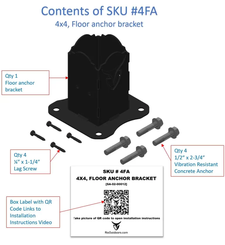 Labeled diagram of the Universal 4x4 Post Anchor Bracket kit showing one bracket, four lag screws, four vibration-resistant concrete anchors, and a box label with QR codes to installation instructions and video.