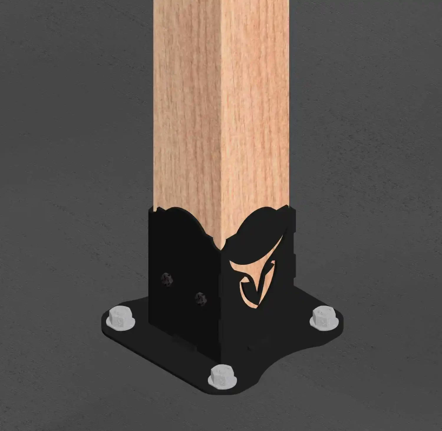 A wooden post is fastened in the Universal 4x4 Post Anchor Bracket, featuring a decorative cutout design, secured with bolts at each corner and mounted on a dark, textured surface.