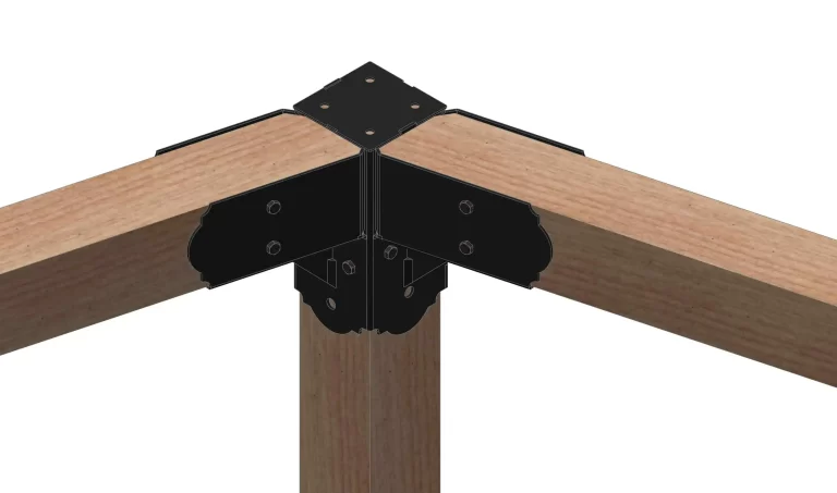 The Heavy Duty 6x6 60-degree Hexagon Elbow Bracket joins three wooden beams at a 60-degree angle, demonstrating strong joint construction against a white background.