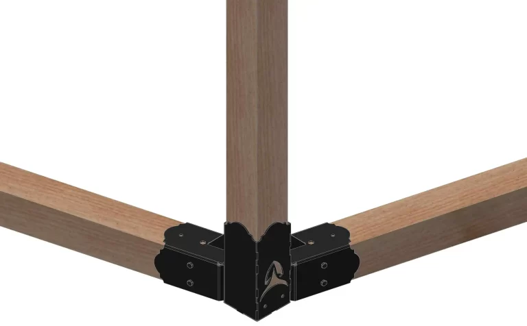 Three wooden beams are connected at a 60-degree angle with the Heavy Duty 6x6 Hexagon Elbow Bracket, which securely holds them together for strong structural support.