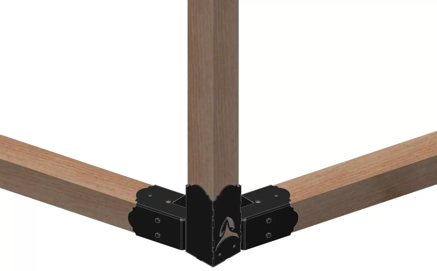 4HL WITH WOOD2 Three wooden beams are connected at a 60-degree angle with the Heavy Duty 6x6 Hexagon Elbow Bracket, which securely holds them together for strong structural support.