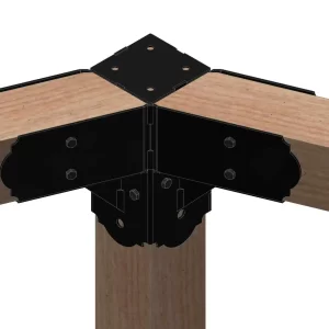 A close-up of the 4OL WITH WOOD 1 black metal bracket connecting three wooden beams at a corner joint, with one vertical and two horizontal beams secured by screws.