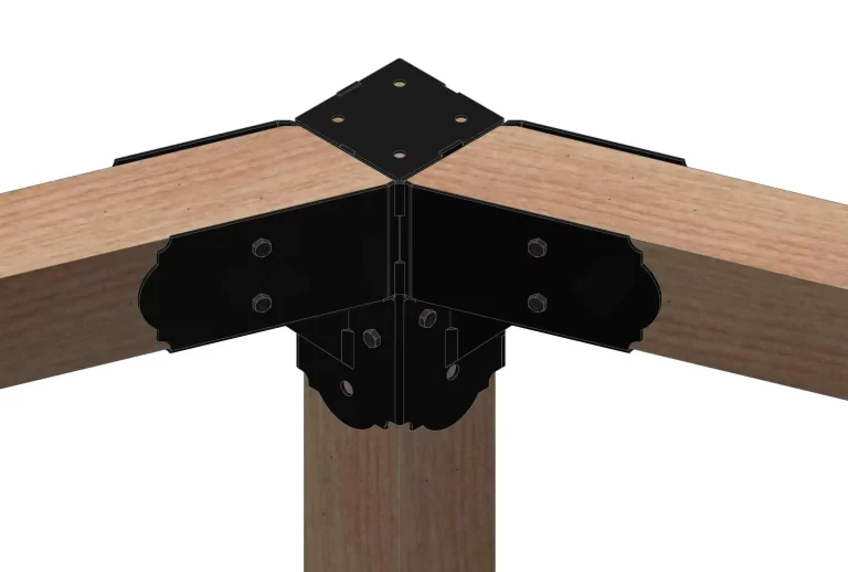 A close-up of the 4OL WITH WOOD 1 black metal bracket connecting three wooden beams at a corner joint, with one vertical and two horizontal beams secured by screws.