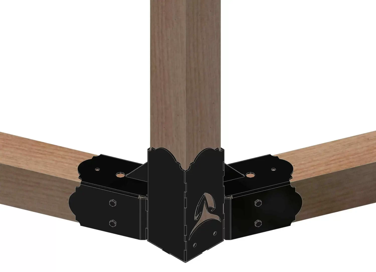 The 4OL WITH WOOD 2 is a black metal corner bracket that connects three wooden beams at right angles, creating a strong joint at a post-and-beam junction.
