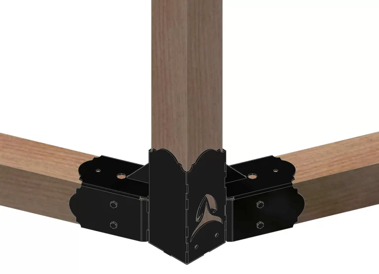 The 4OL WITH WOOD 2 is a black metal corner bracket that connects three wooden beams at right angles, creating a strong joint at a post-and-beam junction.