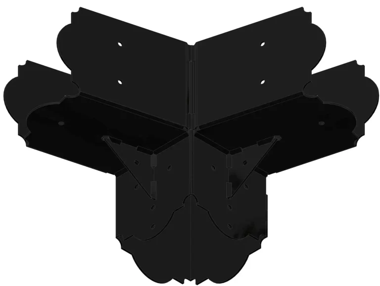 6HL-3 The Heavy Duty 6x6 60-degree Hexagon Elbow Bracket is a black, ornate metal connector with decorative edges, designed to join three beams at a 60-degree angle for structural or decorative woodwork and furniture applications.