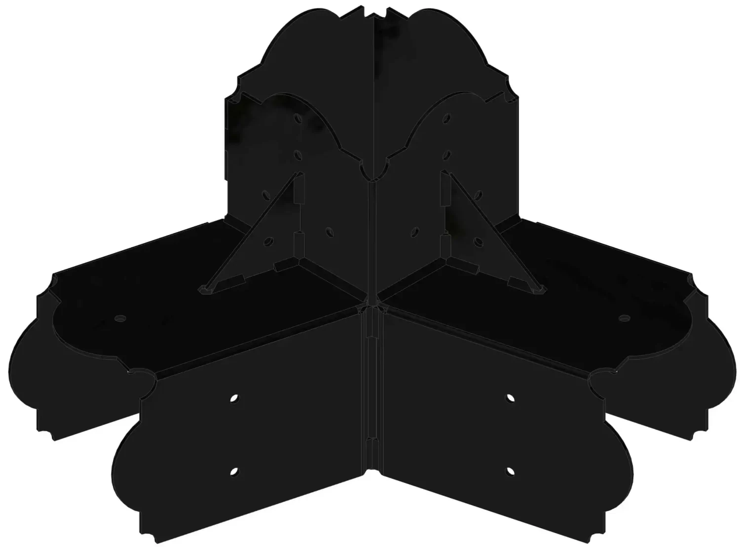 6HL-6 The Heavy Duty 6x6 60-degree Hexagon Elbow Bracket features multiple screw holes and shaped cutouts for secure, decorative joining of three wood beams at precise angles.