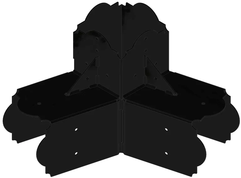 6HL-6 The Heavy Duty 6x6 60-degree Hexagon Elbow Bracket features multiple screw holes and shaped cutouts for secure, decorative joining of three wood beams at precise angles.