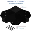Diagram of SKU# 6HL: includes one Heavy Duty 6x6 60-degree Hexagon Elbow Bracket (black) and twelve 3/8 x 2 lag screws, all arranged on a white background with blue and red labels.