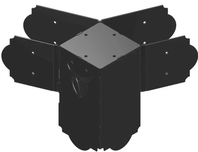 A Heavy Duty 6x6 45-Degree Octagon Elbow Bracket made of black metal with a square shape and a handle on one panel; four hinged sides open outward.