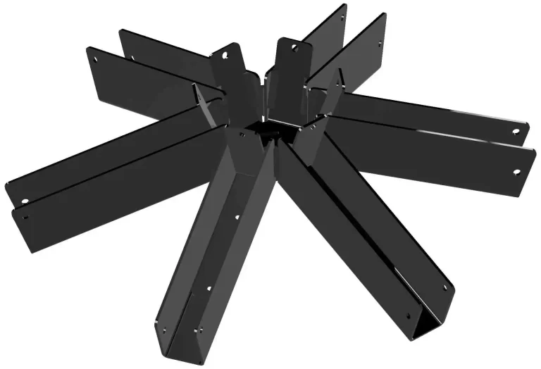 The black metal structure features six elongated sections radiating outward from a central hub, suitable for assembly or construction tasks. Ideal for various projects requiring sturdy support.