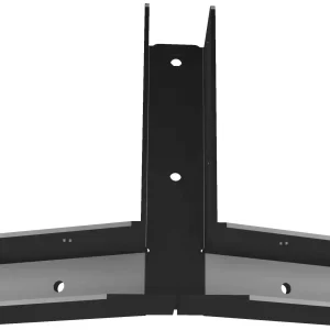OOE-RR1 The 5-12 Pitch Gable End Truss Rafter Bracket is a black metal connector with multiple screw holes, designed to join three beams at right angles; it features an upright slot for the central beam.