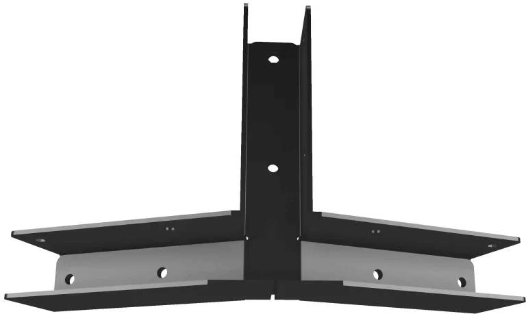 The 5-12 Pitch Gable End Truss Rafter Bracket is a black metal connector with multiple screw holes, designed to join three beams at right angles; it features an upright slot for the central beam.
