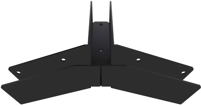 The 5-12 Pitch Gable End Truss Rafter Bracket is a black, wall-mounted bracket with angled supporting arms and multiple screw holes, designed for secure attachment and a neat fit at the end of a gable roof truss.