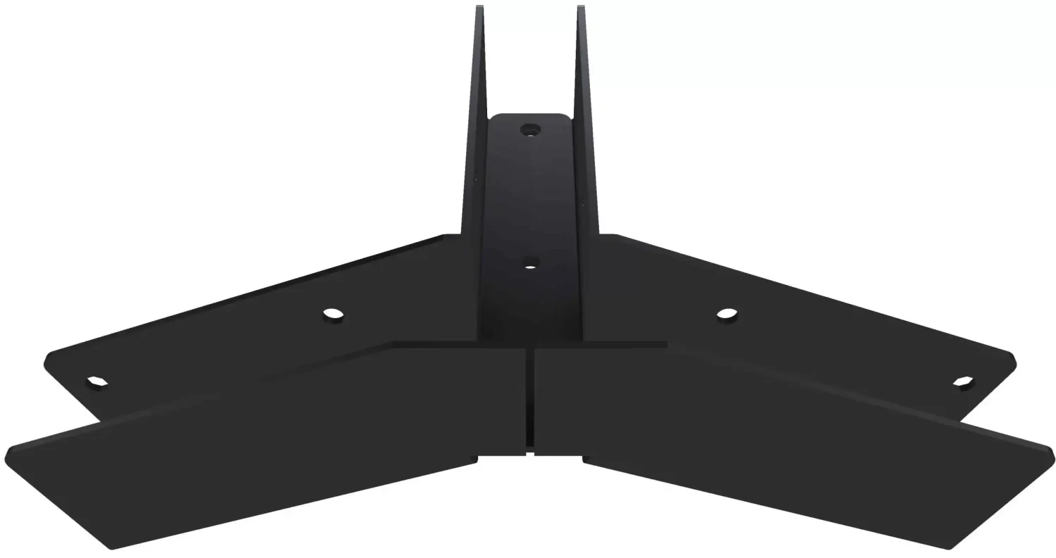 OOE-RR2 The 5-12 Pitch Gable End Truss Rafter Bracket is a black, wall-mounted bracket with angled supporting arms and multiple screw holes, designed for secure attachment and a neat fit at the end of a gable roof truss.