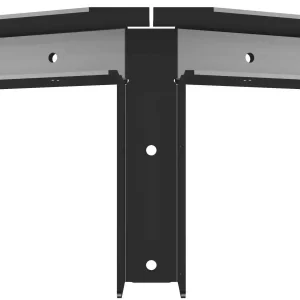 OOE-RR4 The 5-12 Pitch Gable End Truss Rafter Bracket is a black and gray metal corner bracket with screw holes, designed to join two beams at a right angle. It features three flat surfaces and is pictured against a white background.